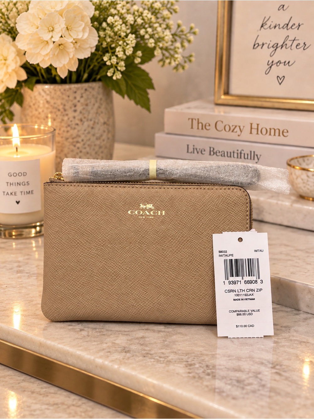 Coach Corner Zip Wristlet Crossgrain Leather Taupe NWT